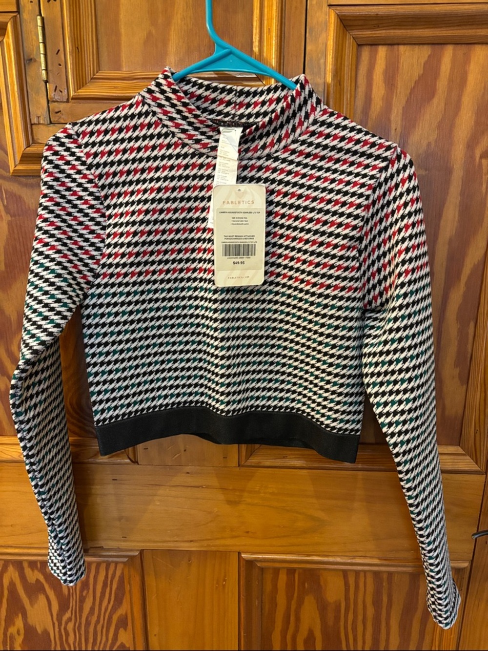 Fabletics Black, White & Red Houndstooth Crop Mock Neck Top